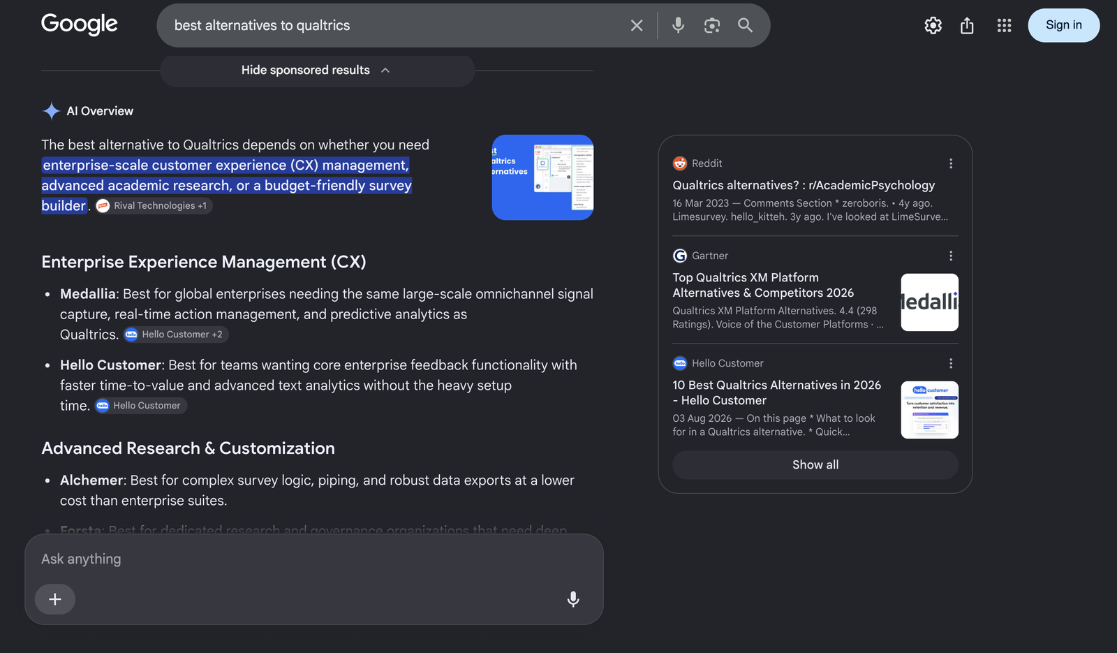 Google AI Overview for a best-alternatives search naming Hello Customer in the enterprise section, with Hello Customer's own alternatives article as a source