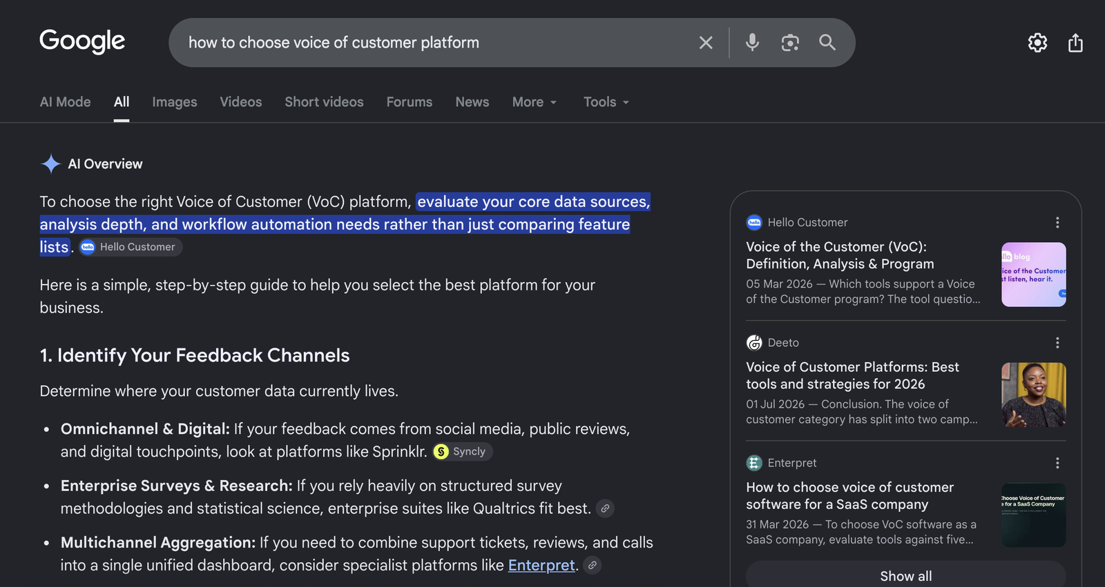Google AI Overview for 'how to choose voice of customer platform' with the opening line cited to Hello Customer