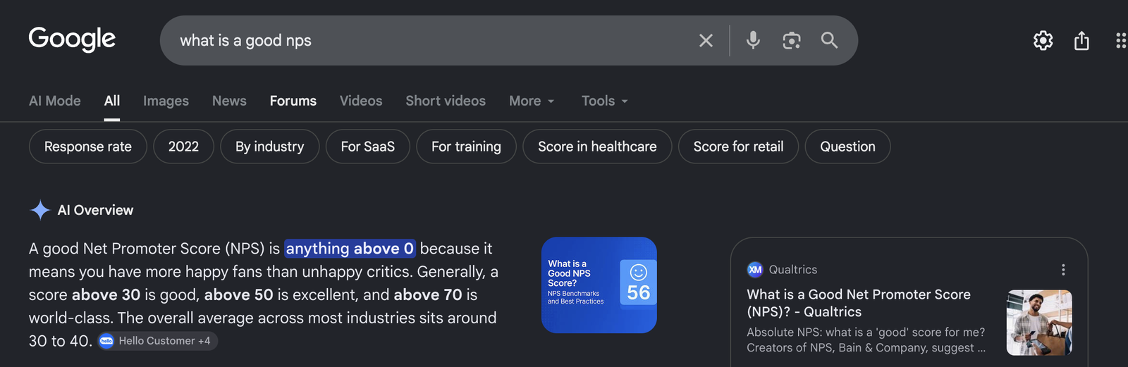 Google AI Overview for 'what is a good nps' with the definition sourced to Hello Customer